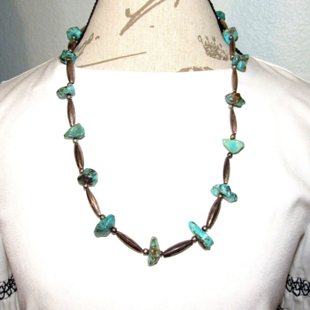 Vtg Navajo Kingman Nugget Necklace Sterling Navajo Pearls Necklace 26